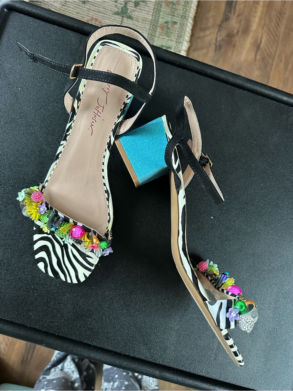 Betsey Johnson Black Zebra Print Bejeweled Ankle Strap Sandals. NWOT - Picture 4 of 8